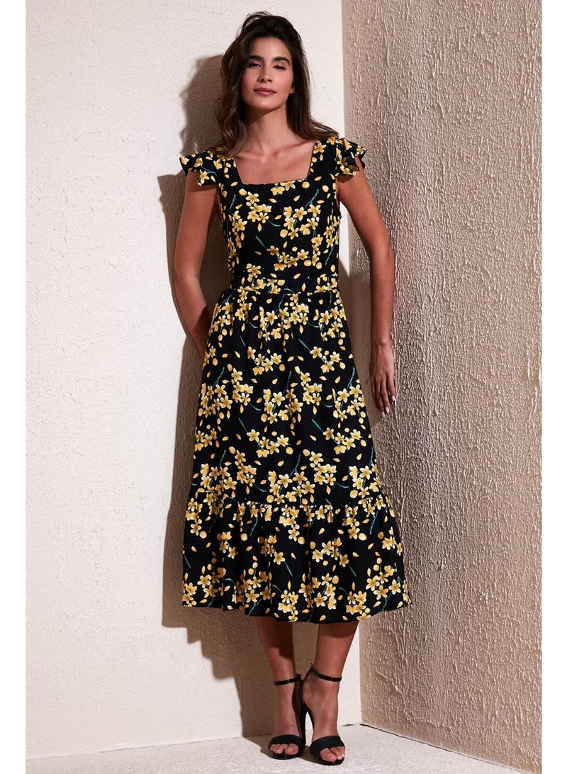 Lela Patterned Regular Fit Square Collar Flounced Midi Dress Women's Dress 611EL501 - Image 1